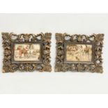 A pair of hunting prints on ornate gilt frames. 26x21cm