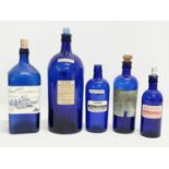 5 late 19th/early 20th century Bristol Blue chemist bottles. Largest 32cm