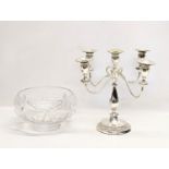 A crystal bowl with silver plated candelabra. Bowl measures 25x15cm