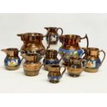 A quantity of Victorian lustre jugs. Largest 16x17cm