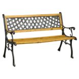 A cast iron garden bench with wooden straps. 122cm