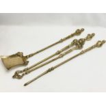 3 good quality Victorian heavy brass fire tools and a pair of vintage brass andirons. Tools measures