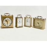 4 vintage brass clocks. Largest 13x7x16cm