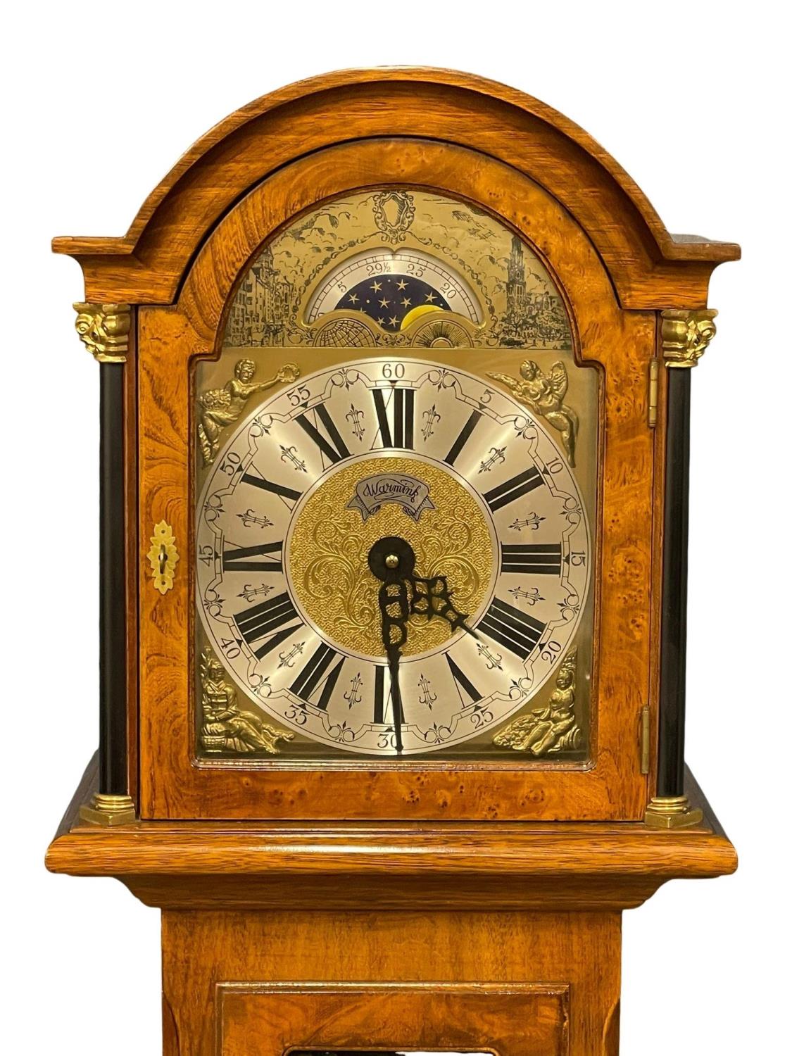 A mahogany and burr walnut long case clock with brass moon dial face. By Warmink. Weights and - Image 3 of 3