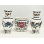 A set of 3 Chinese ‘The Courage of the Terrestrial Tiger’ pottery. A pair of vases 27cm, a