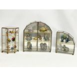 3 vintage glass display cases with contents. Largest 31x10x33.5cm