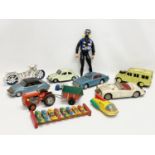 A collection of vintage toys. 5 tin plate Japanese cars, Volkswagen, Ferrari, Land Rover etc 19cm,