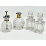 4 vintage crystal perfume bottle. 2 with enamel tops. 12cm