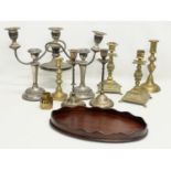 A quantity of Victorian and vintage candlesticks, with wooden tray.