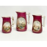 3 Victorian hand painted jugs. Largest 15x20cm