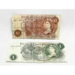 A vintage £1 note and a 10 Shilling note. Bank of England.