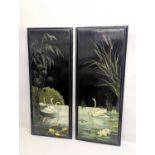 A pair of early 20th century hand painted lacquered wall plaques. 40x99cm
