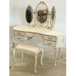 A vintage kidney shaped dressing table and stool. 132cm
