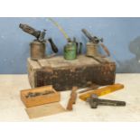 A sundry lot. A Victorian tool box, vintage burners and tools etc.