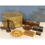 A sundry lot. Including a brass coal box, wooden boxes, scales etc