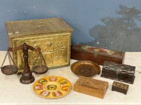 A sundry lot. Including a brass coal box, wooden boxes, scales etc
