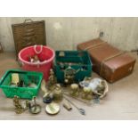 A large quantity of good heavy brass ware and a vintage case etc.