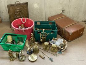 A large quantity of good heavy brass ware and a vintage case etc.