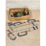 A quantity of clamps. Including 4 Record clamps 45cm open. Largest 68cm