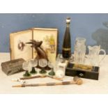 A sundry lot. Including a tall vintage lamp, a Victorian photo album, smokers pipes, drinking