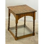 A vintage oak end table with glass top under storage. 45x45x57cm