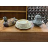 A sundry lot. Including a Royal Doulton ‘Marquis’ part dinner set, a Georgian pewter kettle and a