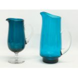 2 vintage blue Art Glass jugs. 1950’s-1960’s. Largest 23.5cm