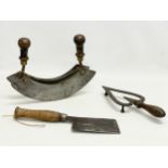3 Victorian food preparation tools. Including a 19th century herb chopper 31x24cm. A kettle stand. A