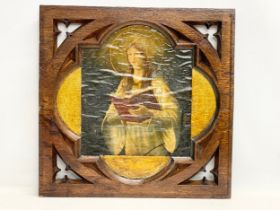A late 19th century Neo gothic style carved oak panel with print of religious figure. Circa 1880-