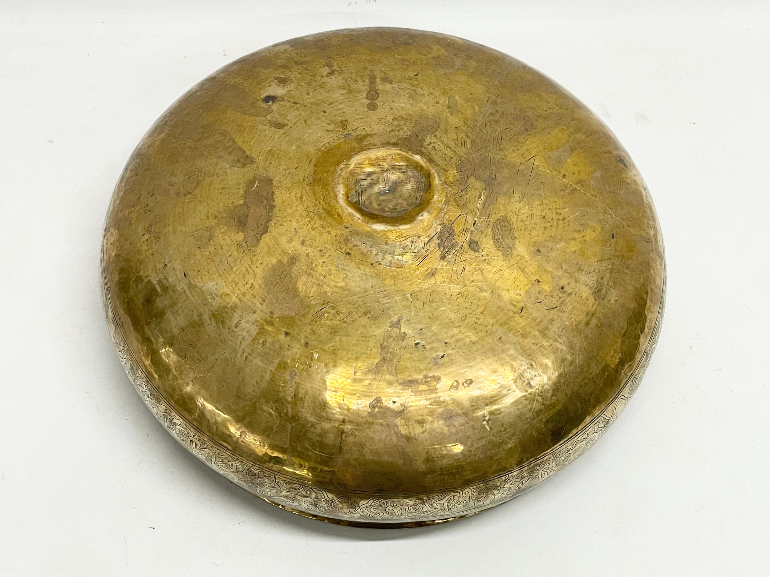 A large 19th century Middle Eastern brass bowl with a late 19th/early 20th century brass vase. - Image 10 of 13