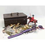 A vintage cash box made in France, with costume jewellery, etc.