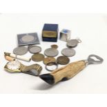 A sundry lot including a James Mackie & Sons Belfast token, a vintage Roamer watch, a vintage