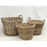 A set of 3 vintage good quality heavy wicker baskets. Largest 57x53x44cm