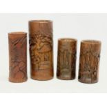 4 late 19th century Chinese brush pots. Including 1 with Foo Dragon decoration. Largest measures