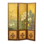An early 20th century hand painted 3 tier room divider screen in an oak frame. Circa 1900-1920.