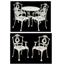 A cast alloy garden table and 4 chairs. 80x70cm