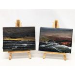 A pair of signed miniature oil paintings on easels, titled "Wild Atlantic Way." 16.5x12cm