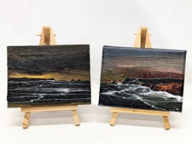 A pair of signed miniature oil paintings on easels, titled "Wild Atlantic Way." 16.5x12cm