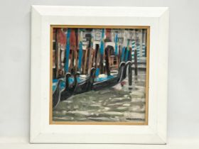 An oil painting by David Johnston. Titled ‘Gondolas Venice Light’ painting 29x29cm. Frame 43x43cm