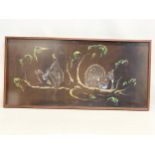 A vintage painting of birds on linen in an afromosia teak frame. 88x43cm