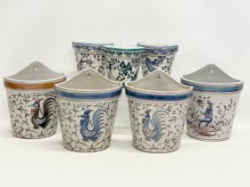 7 vintage Portuguese hand painted pottery wall planters. 4 larger by Outeiro Agueda 17x9x21cm. 3