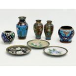 A collection of late 19th century Cloisonné Ware. Plates 10.5cm. Pair of vases 9.5cm. Largest vase