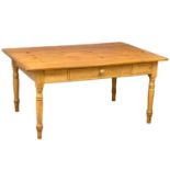 A large Victorian pine farmhouse kitchen table with drawer. 158x106.5x75cm