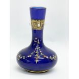 A late 19th century hand painted Bristol Blue vase with Vaseline Glass beads. 11cm