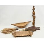 A sundry lot. Including a Spanish Las Tres wine flask. An African figure 50cm. Victorian bellows.