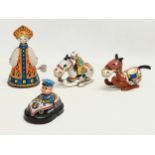 4 vintage tinplate windup toys. A Mikuni Japanese tinplate horse, a Yone Japanese tinplate Highway