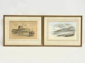 2 coloured pencil drawings by Judges. Northern Irish scenes. Carrickfergus Castle and Mourne