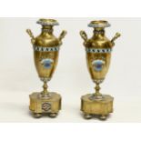 A pair of late 19th century brass and cloisonné garnitures. 29cm