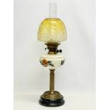 A large Victorian double burner oil lamp with etch yellow glass shade. 67cm