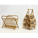 2 pieces of Mid Century wicker. A folding bamboo magazine rack and a wine bottle holder.
